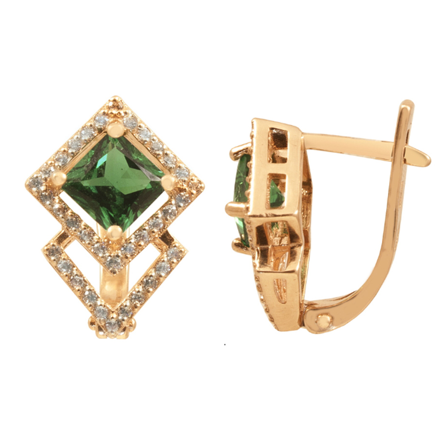 фото и цена Золотые серьги Триумф с изумрудом. со вставками: Изумруд синтетический: (чистота - 0). , Фианит: (бесцветный, чистота - 0). 