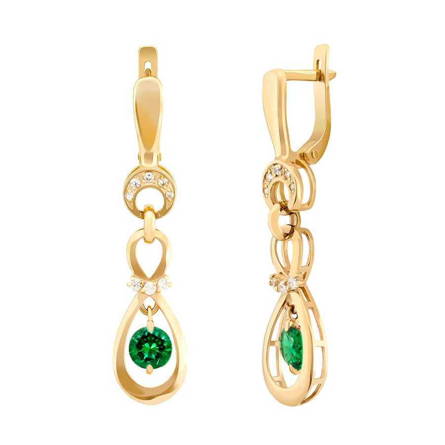 фото и цена Золотые серьги Каппа с изумрудом.  со вставками: Изумруд ГидроТермальный: (Огранка - Круглая, 0,157ct, чистота - 0, размер камня - 5,0). , Фианит: (бесцветный, чистота - 0). 