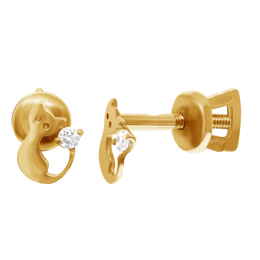 фото и цена Золотые серьги-гвоздики Мяу со вставками: Фианит: (бесцветный, чистота - 0). 