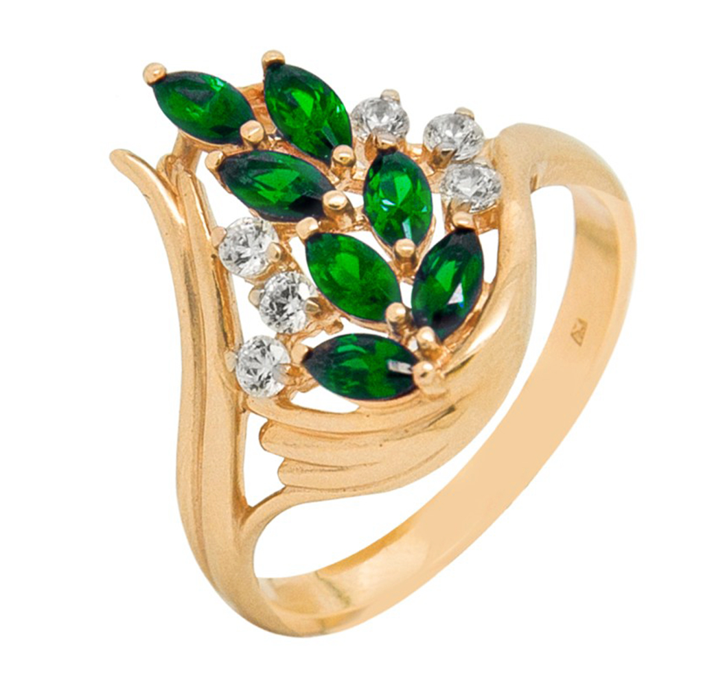 Фото Золотое кольцо Богема с изумрудом. со вставками: Изумруд синтетический: (чистота - 0). , Фианит: (бесцветный, чистота - 0). 