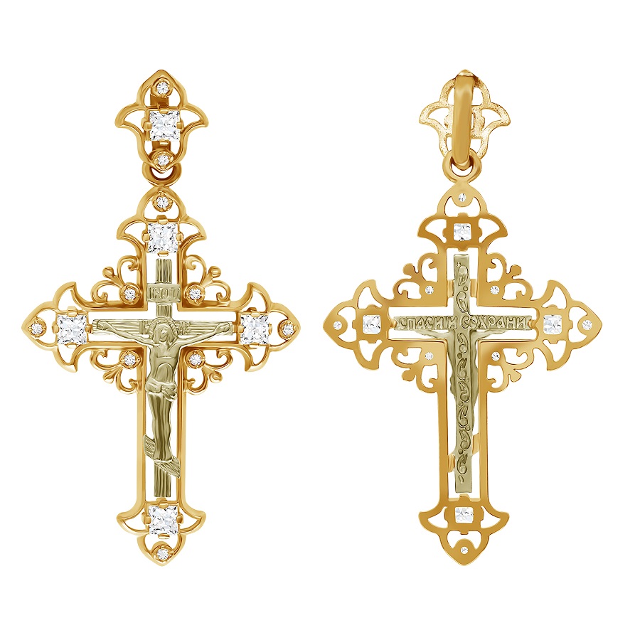 Фото Золотой крест Евангельский со вставками: Фианит: (бесцветный, чистота - 0). 