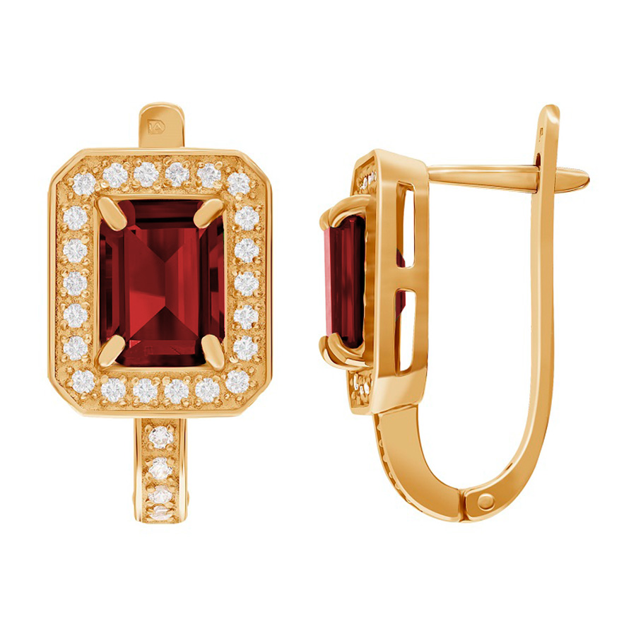 фото и цена Золотые серьги Герцогиня с гранатом. со вставками: Гранат: (чистота - 0). , Фианит: (бесцветный, чистота - 0). 