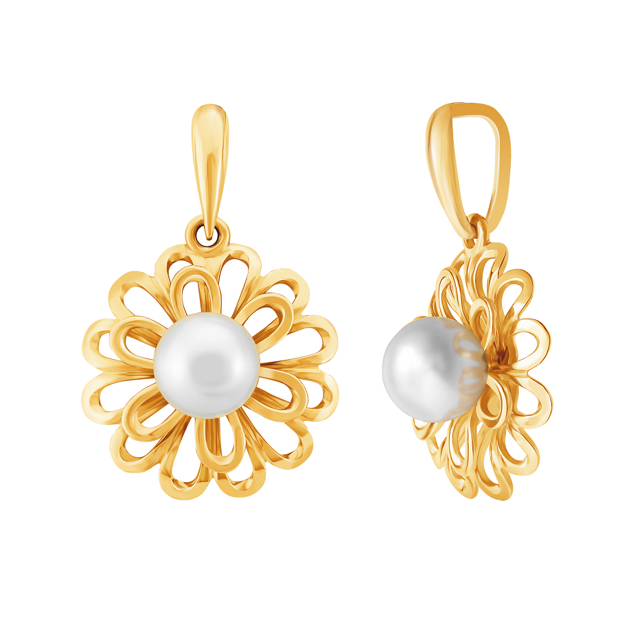 Фото Золотая подвеска Пион с жемчугом со вставками: Жемчуг культивированный: (чистота - 0). , Золотая подвеска Пион с жемчугом со вставками: ЖемчугКульти: (чистота - 0). 