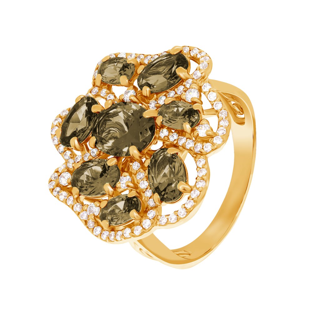 Фото Золотое кольцо Бразилия с раухтопазом со вставками: Раух Топаз: (Огранка - Овал, 0,54ct, чистота - 0). , Раух Топаз: (Огранка - Овал, 1,1ct, чистота - 0, размер камня - 6,0*4,0). , Раух Топаз: (Огранка - Овал, чистота - 0, размер камня - 8,0*6,0). , Фианит: (бесцветный, чистота - 0). 
