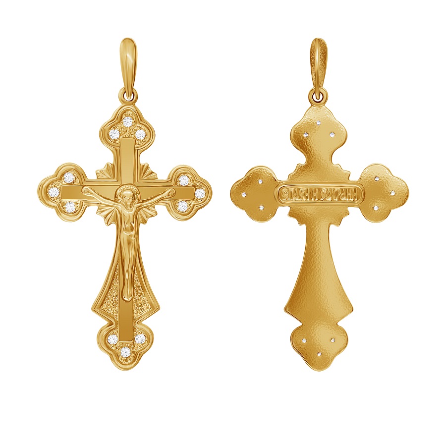 Фото Золотой крест Супербольшой с фианитами со вставками: Фианит: (бесцветный, чистота - 0). 