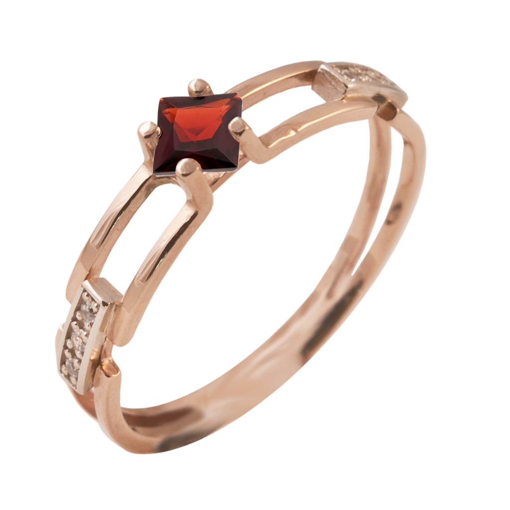 Фото Золотое кольцо Квадра с гранатом. со вставками: Гранат: (чистота - 0). , Фианит: (бесцветный, чистота - 0). 