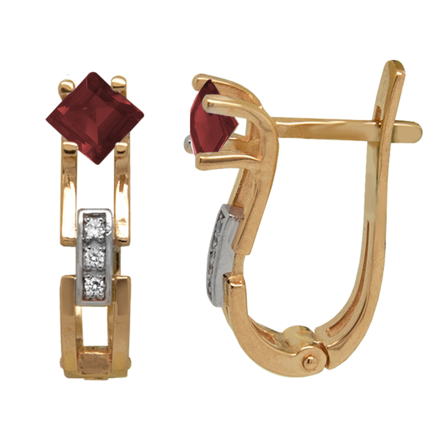фото и цена Золотые серьги Квадра с гранатом. со вставками: Гранат: (чистота - 0). , Фианит: (бесцветный, чистота - 0). 