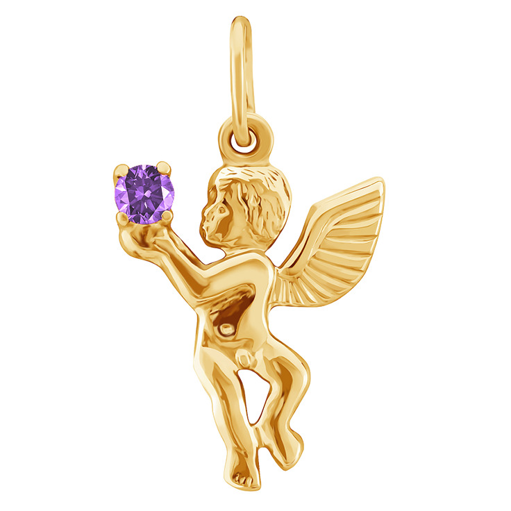 Фото Золотая подвеска Ангел со вставками: Нано-Сапфир: (чистота - 0). , Золотая подвеска Ангел со вставками: Синтетический Корунд Рубиновый, Золотая подвеска Ангел со вставками: Фианит: (фиолетовый, чистота - 0). 