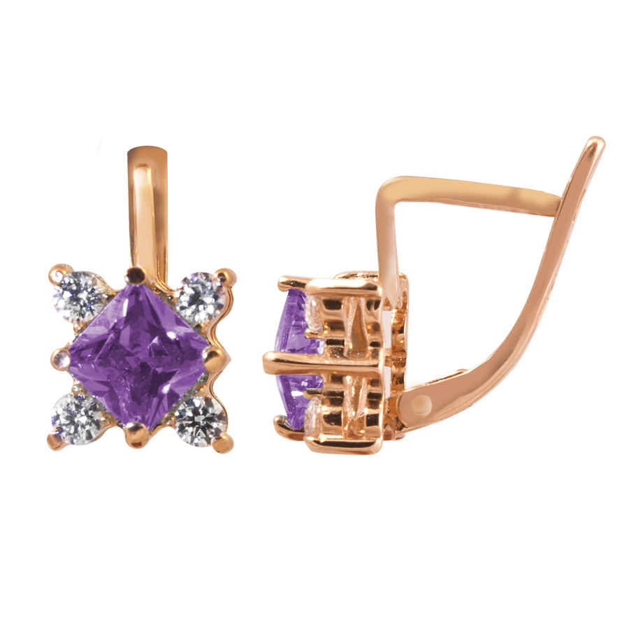 фото и цена Золотые серьги Ромео с аметистом. со вставками: Аметист: (чистота - 0). , Фианит: (бесцветный, чистота - 0). 