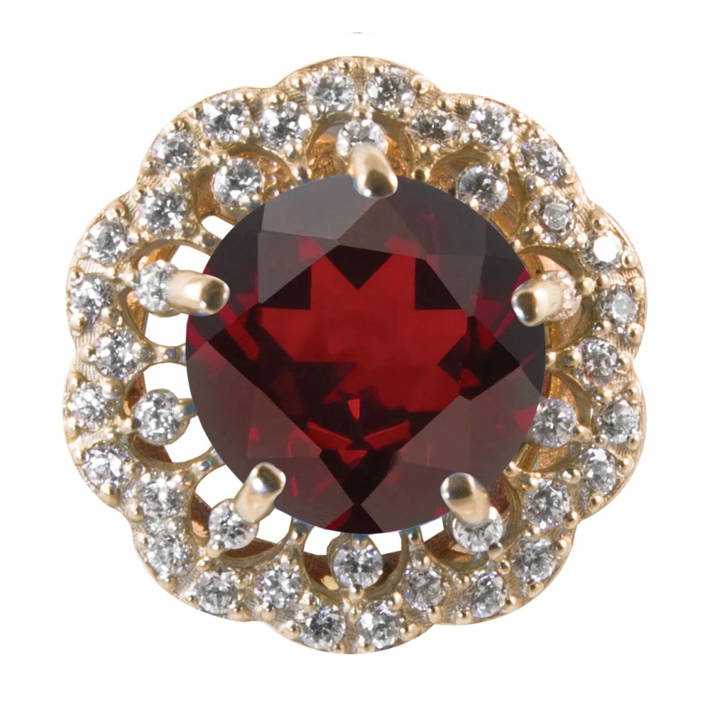 Фото Золотая подвеска Царевна с гранатом со вставками: Гранат: (чистота - 0). , Фианит: (бесцветный, чистота - 0). 