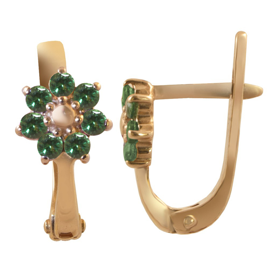 фото и цена Золотые серьги Полянка с изумрудом. со вставками: Изумруд синтетический: (Огранка - Круглая, чистота - 0, размер камня - 1,5). 