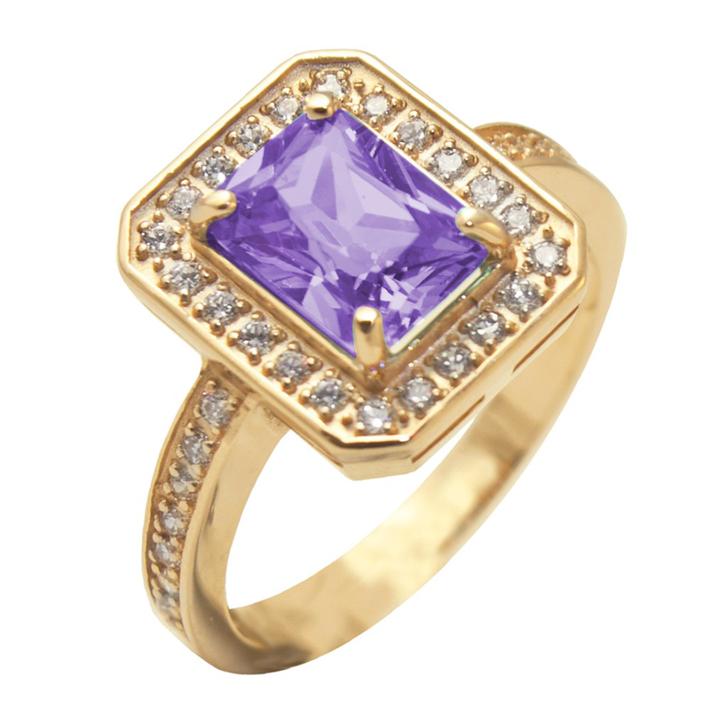 Фото Золотое кольцо Герцогиня с аметистом. со вставками: Аметист: (чистота - 0). , Фианит: (бесцветный, чистота - 0). 