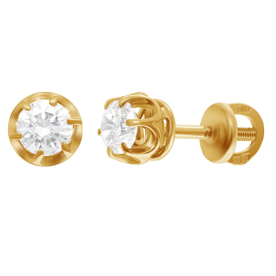 фото и цена Золотые серьги-гвоздики Большие со вставками: Фианит: (бесцветный, чистота - 0). 