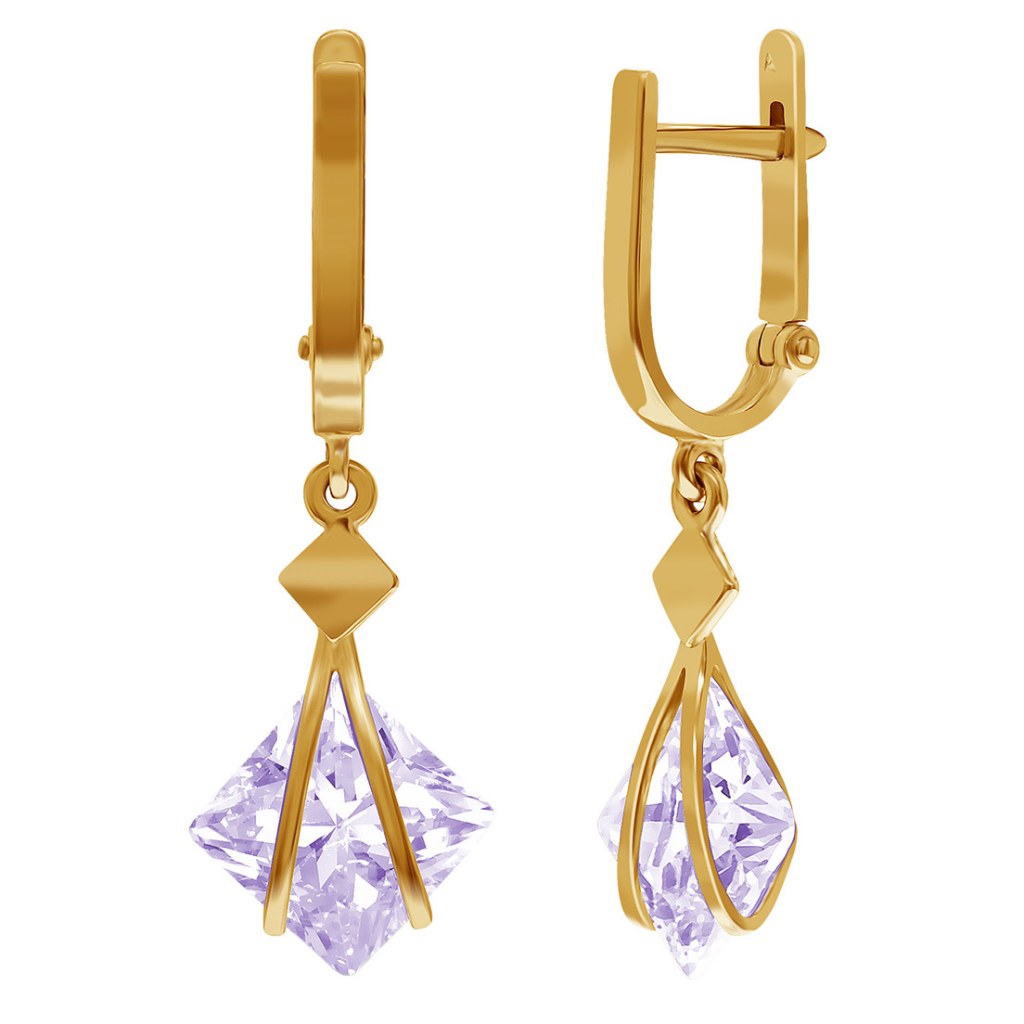 фото и цена Золотые серьги Парижель со вставками: Фианит: (бесцветный, чистота - 0). , Золотые серьги Парижель со вставками: Фианит: (фиолетовый, чистота - 0). 