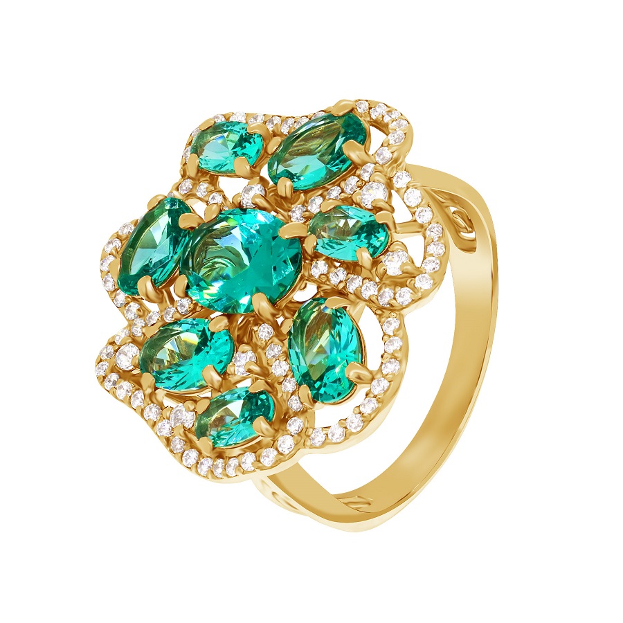 Фото Золотое кольцо Бразилия со вставками: Фианит: (бесцветный, чистота - 0). , Нано-Изумруд, Золотое кольцо Бразилия со вставками: Нано-Изумруд: (зелёный, чистота - 0). , Фианит: (бесцветный, чистота - 0). 