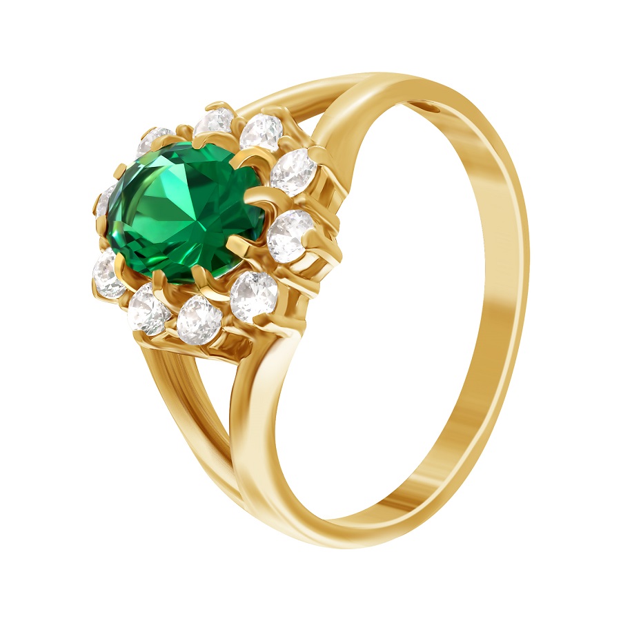 Фото Золотое кольцо Королева (малое) со вставками: Фианит: (бесцветный). , Нано-Изумруд, Золотое кольцо Королева (малое) со вставками: Нано-Изумруд: (чистота - 0). , Фианит: (бесцветный, чистота - 0). 