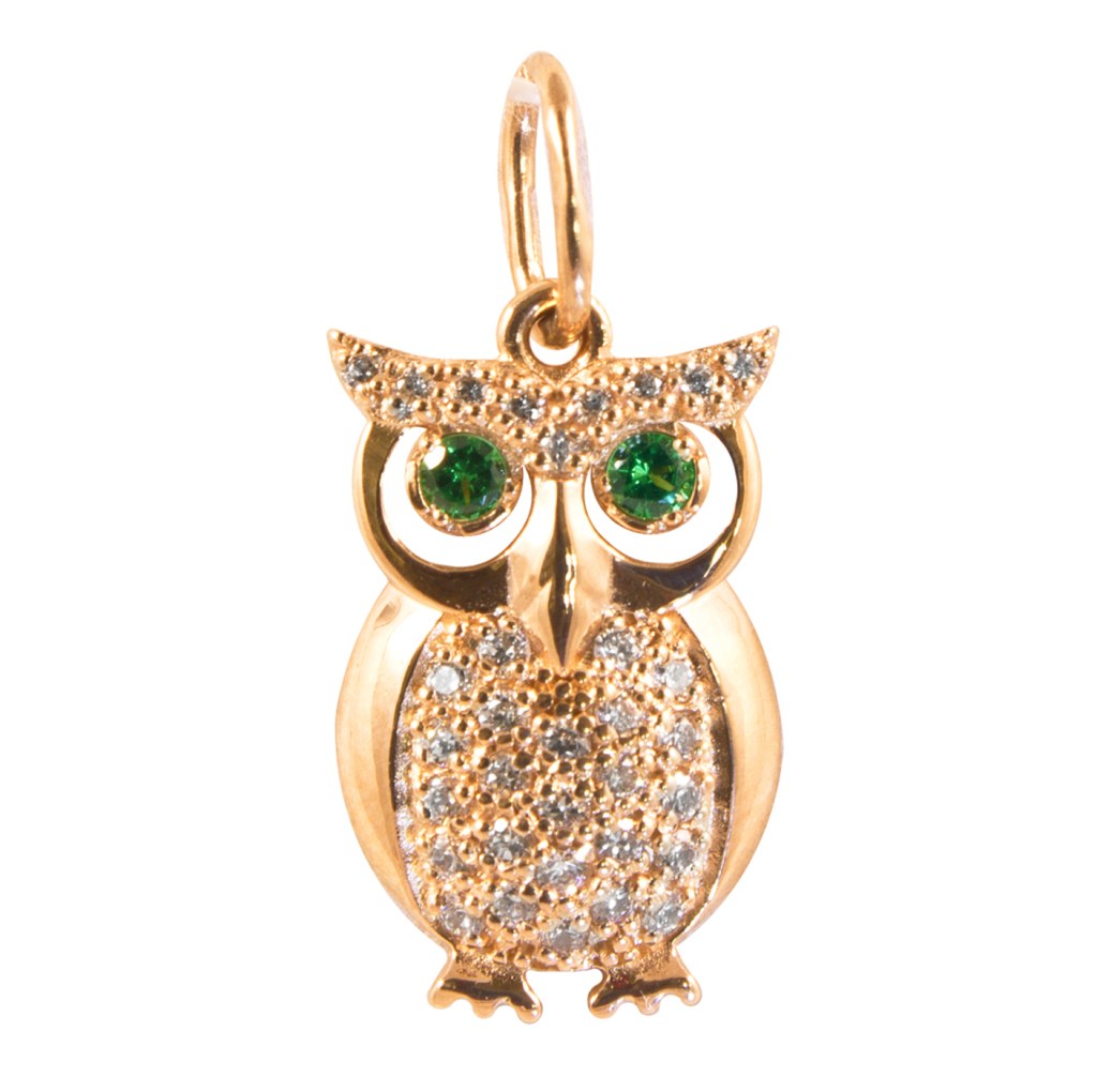 Фото Золотая подвеска Сова с изумрудом. со вставками: Изумруд выр.: (чистота - 0). , Фианит: (бесцветный, чистота - 0). , Золотая подвеска Сова с изумрудом со вставками: Изумруд ГидроТермальный: (зелёный, чистота - 0). , Фианит: (бесцветный, чистота - 0). 