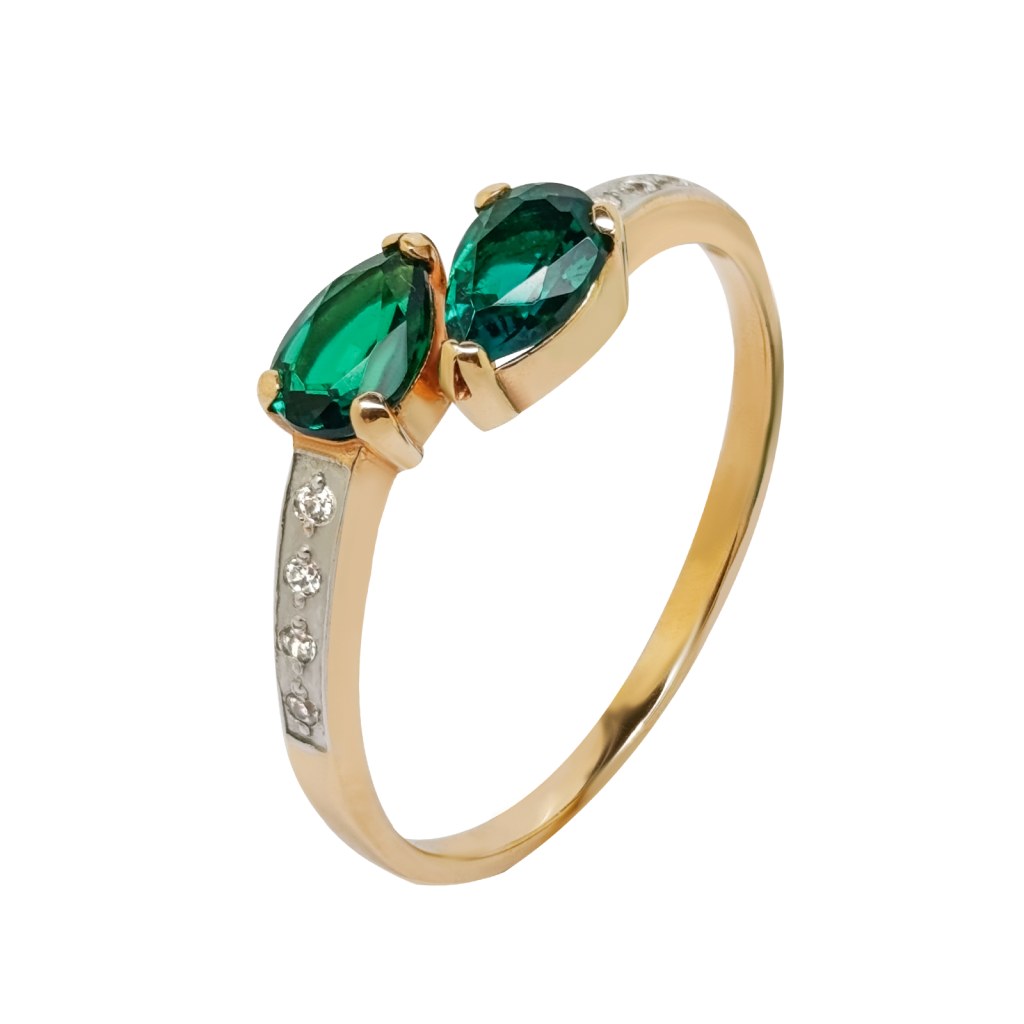 Фото Золотое кольцо Вербена с изумрудом. со вставками: Изумруд синтетический: (Огранка - Груша, чистота - 0, размер камня - 6,0*4,0). , Фианит: (бесцветный, чистота - 0). 