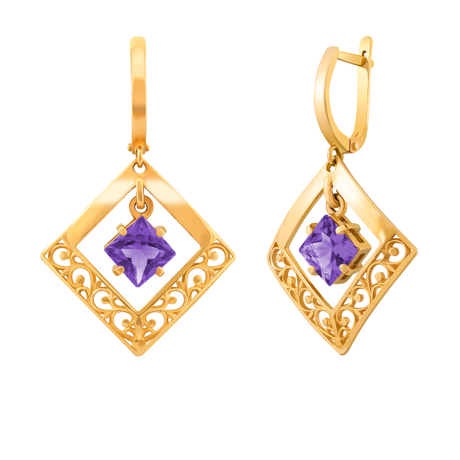 фото и цена Золотые серьги Шакира с аметистом. со вставками: Аметист: (чистота - 0). 