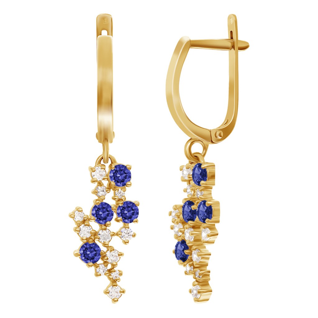 фото и цена Золотые серьги Вега со вставками: Фианит: (бесцветный, чистота - 0). , Золотые серьги Вега со вставками: Нано-Сапфир: (чистота - 0). , Фианит: (бесцветный, чистота - 0). 