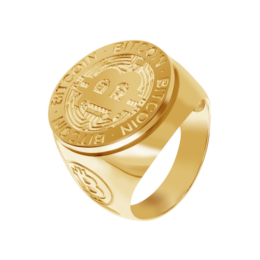 Фото печатка мужская  Золотое кольцо Bitcoin, Золотая печатка Bitcoin