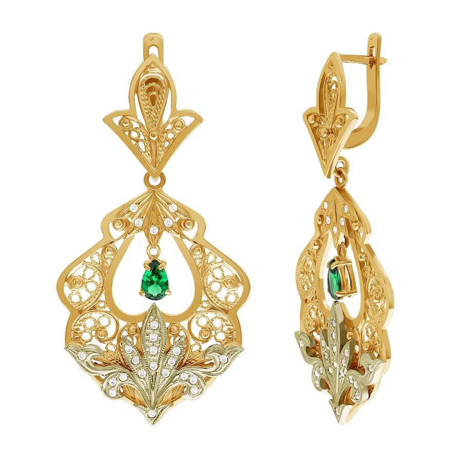 фото и цена Золотые серьги Кармен со вставками: Фианит: (бесцветный, чистота - 0). , Нано-Изумруд: (чистота - 0). 