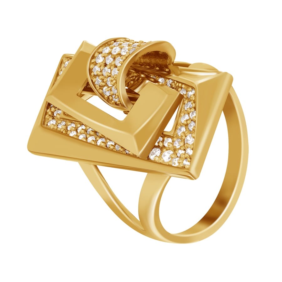 Фото Золотое кольцо Делюкс (прямоугольный) со вставками: Фианит: (бесцветный). 