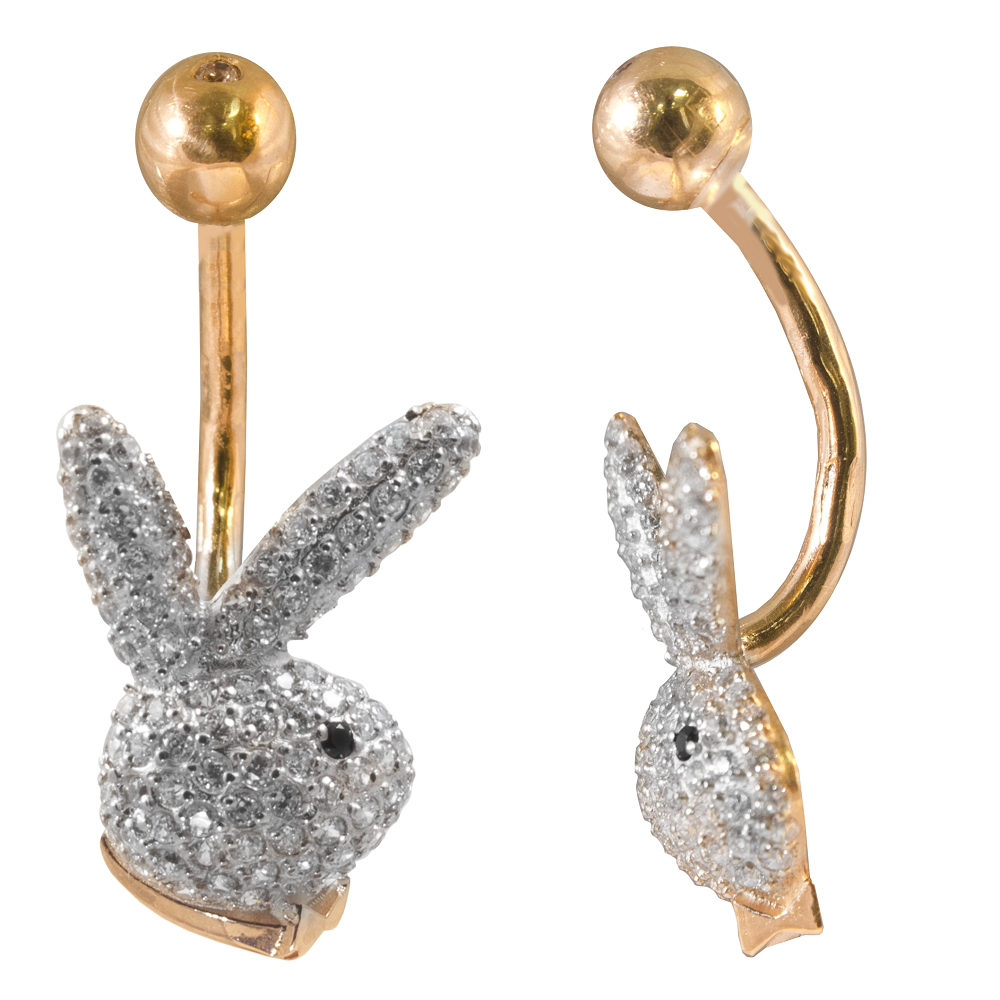 Фото Золотой пирсинг Плейбой со вставками: Фианит: (бесцветный, чистота - 0). , Фианит: (чёрный, чистота - 0). , Золотой пирсинг Плейбой со вставками: Фианит: (бесцветный). , Фианит: (чёрный).  