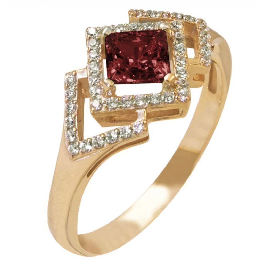 Фото Золотое кольцо Триумф с гранатом. со вставками: Гранат: (чистота - 0). , Фианит: (бесцветный, чистота - 0). 