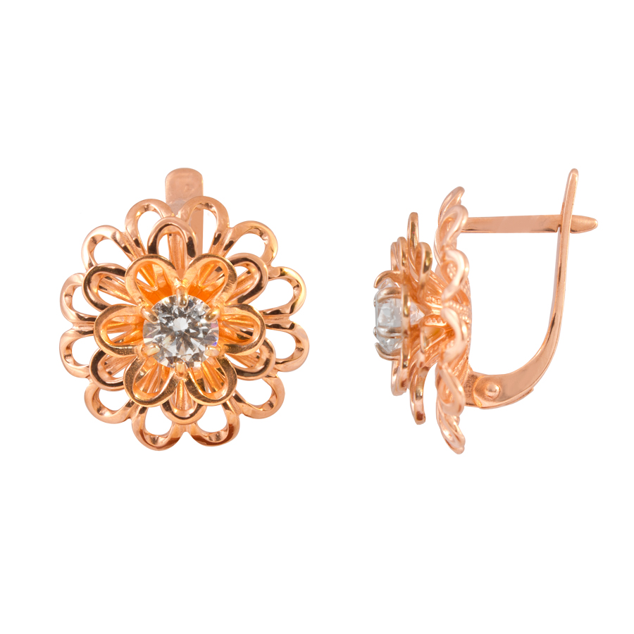 фото и цена Золотые серьги Пион со вставками: Фианит: (бесцветный, чистота - 0). 