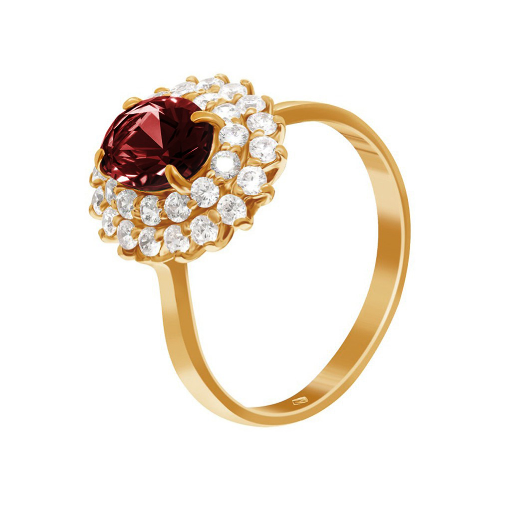 Фото Золотое кольцо Кейт с гранатом со вставками: Гранат: (Огранка - Овал, 1,35ct, чистота - 0). , Фианит: (бесцветный, чистота - 0). 