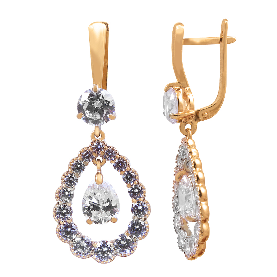 фото и цена Золотые серьги Гранд со вставками: Фианит: (бесцветный, чистота - 0). 