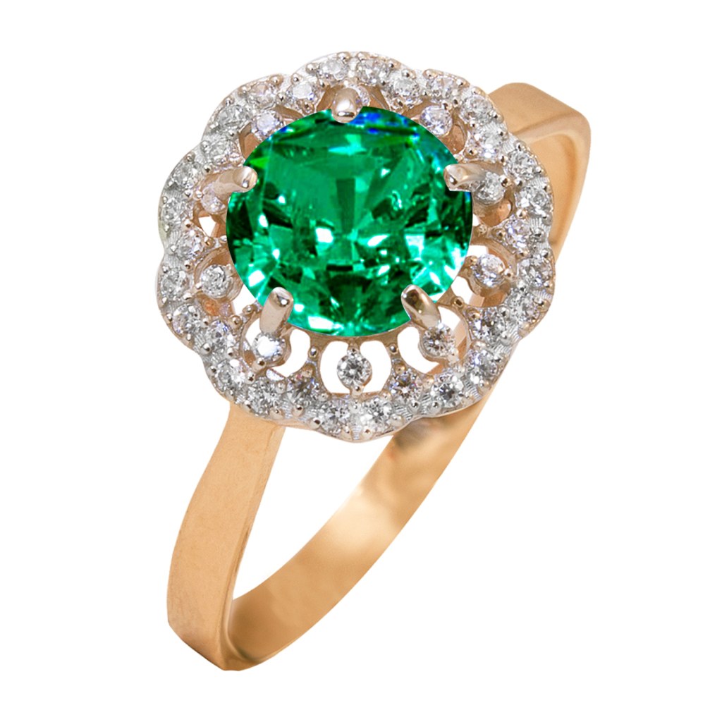 Фото Золотое кольцо Царевна с изумрудом. со вставками: Фианит: (бесцветный, чистота - 0). , Изумруд синтетический: (Огранка - Круглая, чистота - 0, размер камня - 8,0). , Золотое кольцо Царевна с изумрудом со вставками: Фианит: (бесцветный, чистота - 0). , Изумруд ГидроТермальный: (Огранка - Круглая, зелёный, чистота - 0, размер камня - 8,0). 