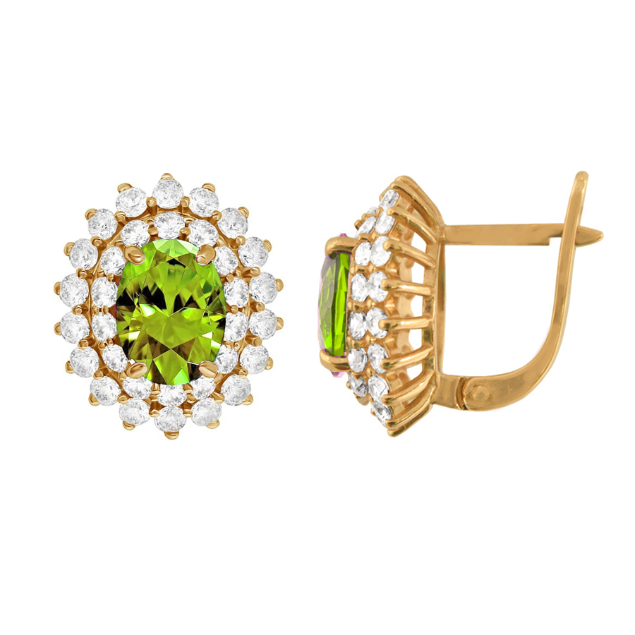 фото и цена Золотые серьги Кейт с хризолитом. со вставками: Хризолит: (чистота - 0). , Фианит: (бесцветный, чистота - 0). 