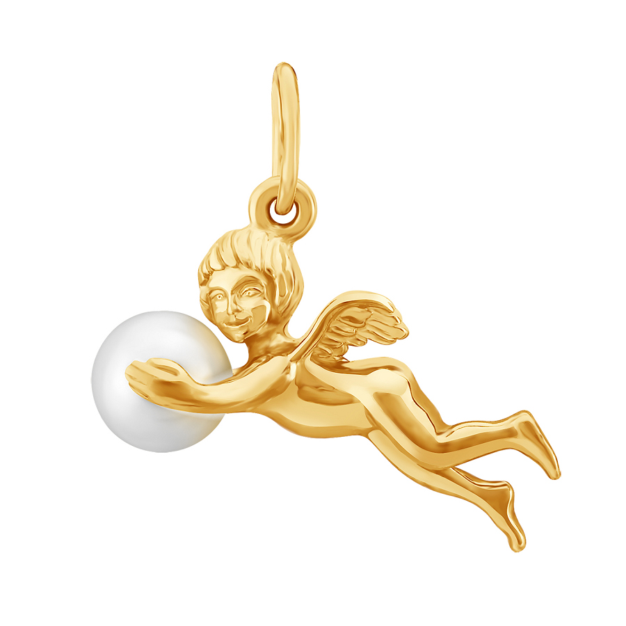 Фото Золотая подвеска Ангел с жемчугом со вставками: ЖемчугКульти: (чистота - 0). , Золотая подвеска Ангел с жемчугом со вставками: Жемчуг культивированный: (чистота - 0, размер камня - 6*6.5). 