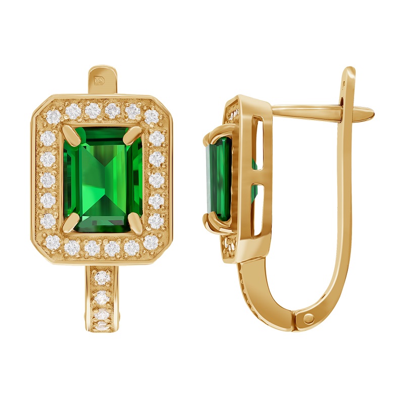 фото и цена Золотые серьги Герцогиня со вставками: Фианит: (бесцветный, чистота - 0). , Нано-Изумруд: (чистота - 0). , Золотые серьги Герцогиня со вставками: Фианит: (бесцветный, чистота - 0). 