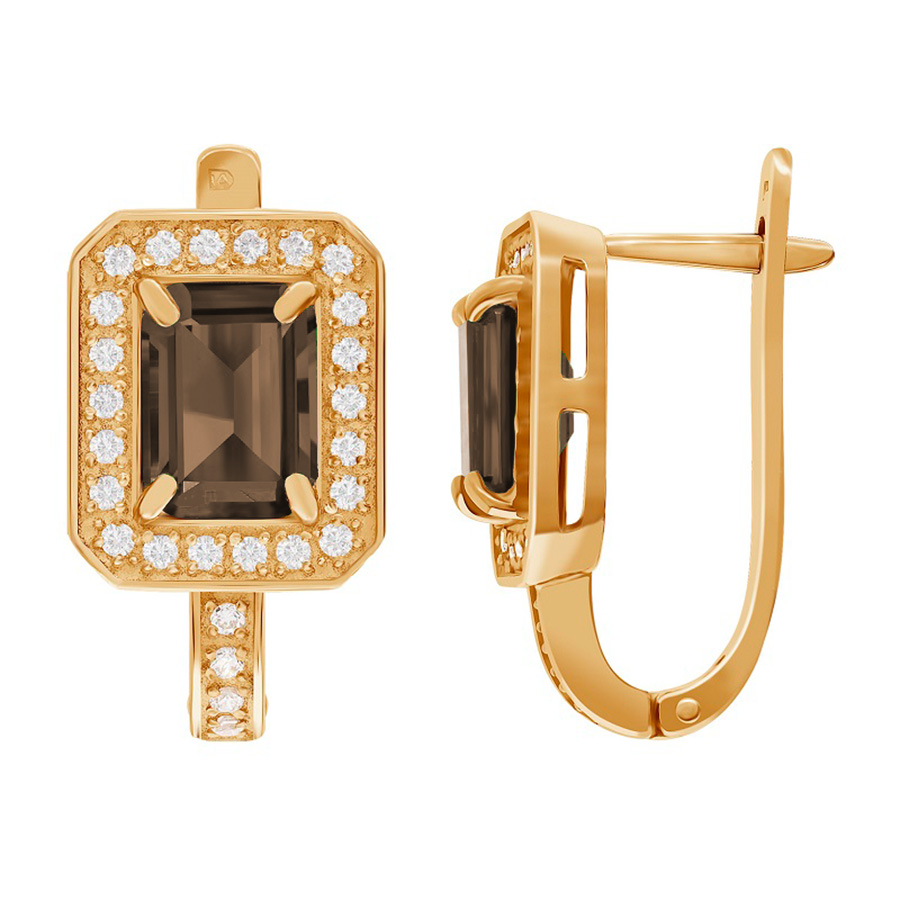 фото и цена Золотые серьги Герцогиня с раухтопазом. со вставками: Раух Топаз: (чистота - 0). , Фианит: (бесцветный, чистота - 0). 