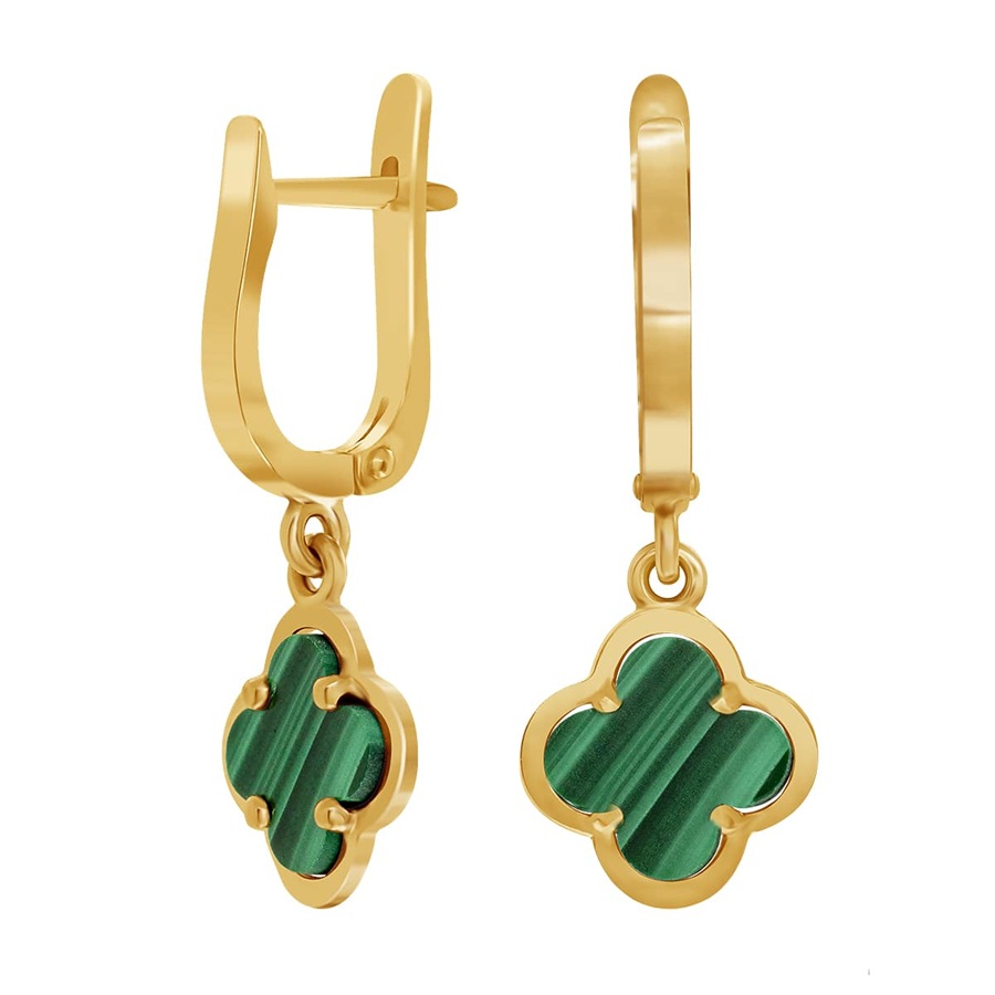 фото и цена Золотые серьги Лия со вставками: Малахит: (Огранка - Клевер, 2,7ct, размер камня - 8.0*8.0). , Золотые серьги Лия со вставками: Малахит: (0,54ct, зелёный, чистота - 0). 